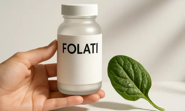 Flacone di folati, integratore utile per chi ha la mutazione MTHFR. Accanto, una foglia verde.
