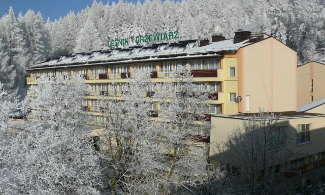 Sanatorium Leśnik Drzewiarz w Krynicy-Zdroju, ul. Podgórna 1, otoczone zimowym lasem.
