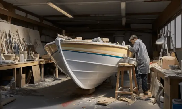 Un artiste travaille sur la peinture d'un bateau en aluminium dans son atelier.