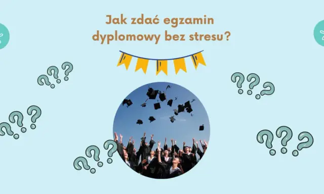 Studenci rzucają birety w powietrze po obronie pracy licencjackiej. Pytajniki sugerują niepewność, ale radość jest widoczna.