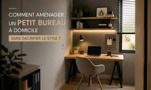 Aménagement d'un petit bureau à domicile stylé : bureau en bois, chaise confortable, étagères et lampe.