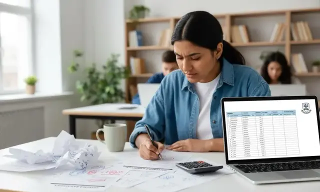 Uczennica pochylona nad zeszytem, obok kalkulator i laptop z tabelą wyników. Intensywna nauka do egzaminów **international baccalaureate**.