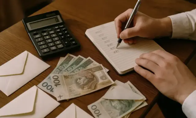Ręka zapisuje w notesie, co zrobić z pieniędzmi z wesela. Obok leżą koperty, banknoty 100 zł i kalkulator.