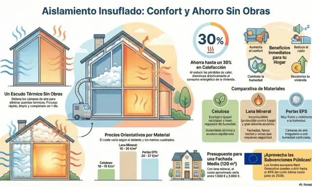 Aislamiento de casas para mejora de la eficiencia, con ahorro del 30% en calefacción y beneficios como confort y reducción de ruido.