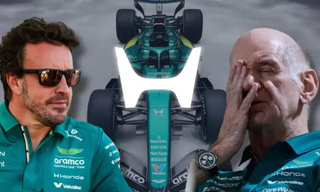Fernando Alonso y un coche de Aston Martin, con la silueta de Adrian Newey en el fondo.