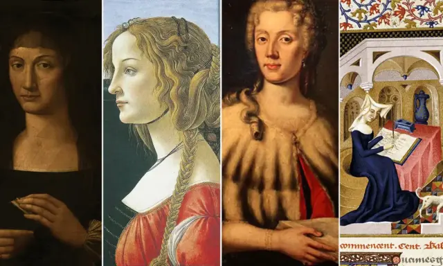Quattro ritratti femminili: un volto enigmatico, una dama con trecce, una donna con riccioli e una figura che scrive, forse Cristina da Pizzano.