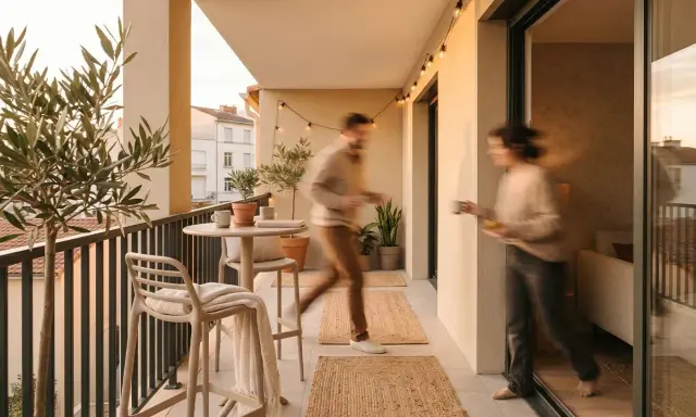 Un balcone piccolo abbellito con piante, un tavolino, sedie e luci. Perfetto per godersi momenti all'aperto.