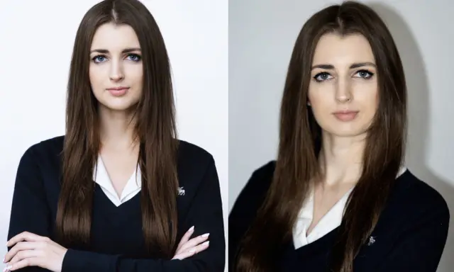 Dwie fotografie młodej kobiety w czarnym swetrze i białej koszuli, z rękami skrzyżowanymi na piersi.