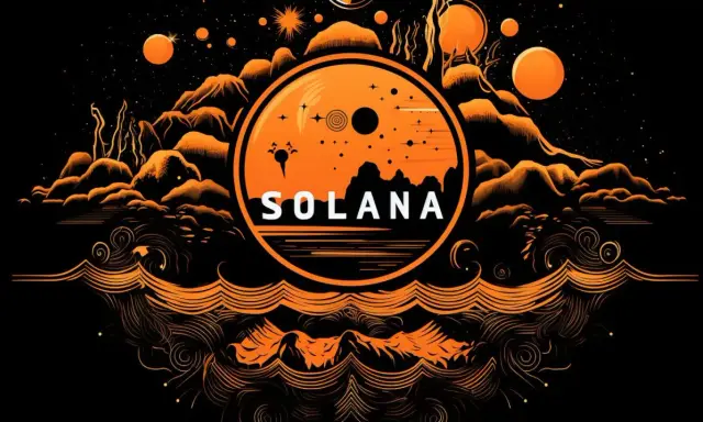 Pomarańczowy krąg z napisem SOLANA na tle kosmicznego krajobrazu z górami i planetami. Symbolizuje potencjał solana blockchain.