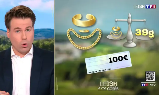 Un homme parle à la télévision. À côté, des bijoux en or sont pesés, montrant 39g, et un chèque de 100€. Une illustration pour faire estimer un bijou.