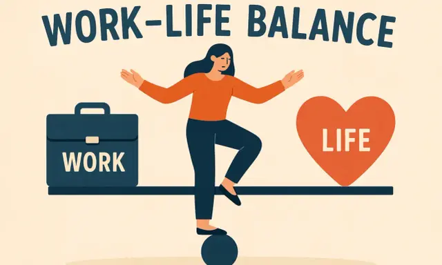 Ilustracja przedstawia kobietę balansującą na kuli, próbując utrzymać równowagę między teczką z napisem "WORK" a sercem z napisem "LIFE". Kluczowe jest osiągnięcie work-life balance.
