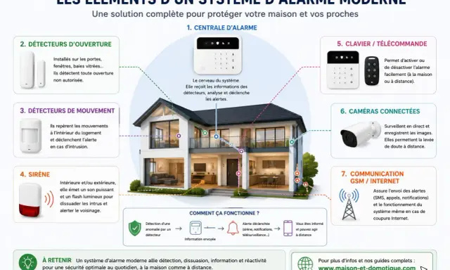 Schéma d'une installation alarme maison : centrale, détecteurs, sirène, caméras, clavier et communication pour une sécurité optimale.