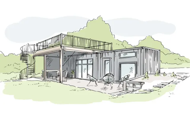 Une maison container moderne avec terrasse et escalier en colimaçon. Un design épuré pour une habitation contemporaine.