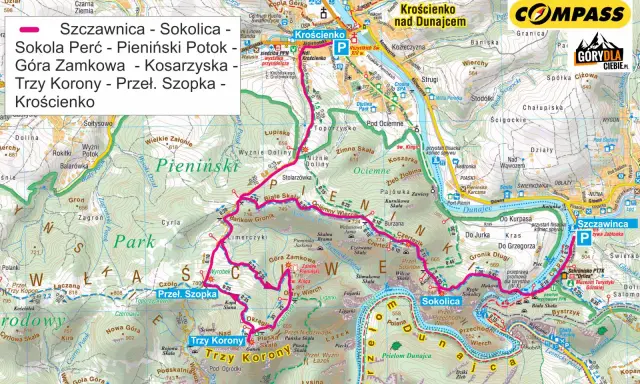 Mapa turystyczna Pienin z zaznaczonymi szlakami, w tym trasą na Trzy Korony i Sokolicę.