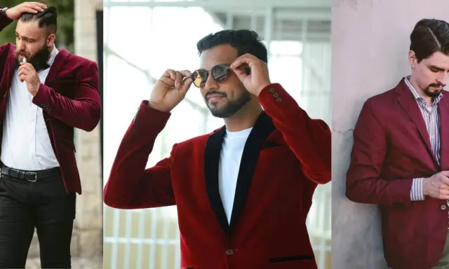 Three men sport stylish burgundy and red blazers. One adjusts his hair, another his sunglasses, and the third checks his phone.
