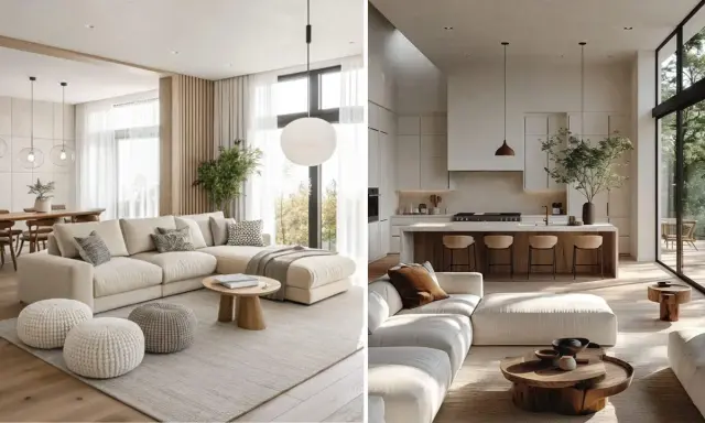 Interni luminosi di una casa beige e bianca con divani comodi, tavolini in legno e una cucina moderna con isola.