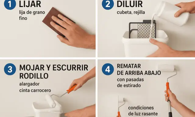 Guía para como pintar paredes con rodillo: lijar, diluir pintura, mojar y escurrir rodillo, y rematar de arriba abajo.