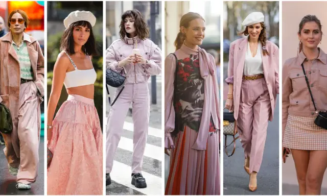 Sei donne sfoggiano un outfit marrone e rosa, con diverse interpretazioni di stile, da cappotti oversize a completi eleganti e gonne svolazzanti.