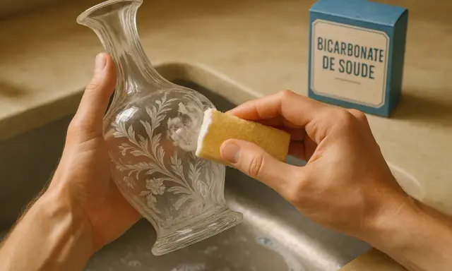 Apprendre comment nettoyer du cristal : une éponge imbibée de bicarbonate de soude frotte délicatement un vase orné.