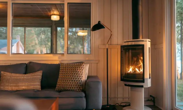 Un poêle à bois moderne chauffe une pièce cosy. Respectez la distance à respecter autour d'un poêle à bois pour une sécurité optimale.