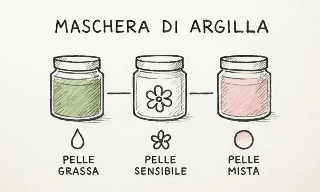 Maschera di argilla bianca: verde per pelle grassa, con fiore per pelle sensibile, rosa per pelle mista.