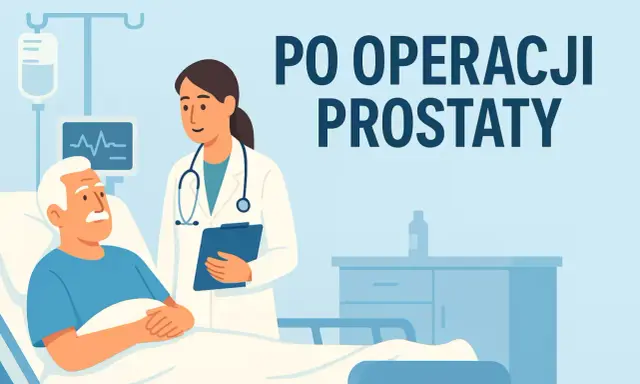 Lekarka rozmawia z pacjentem po laparoskopowym usunięciu prostaty. W tle kroplówka i monitor.