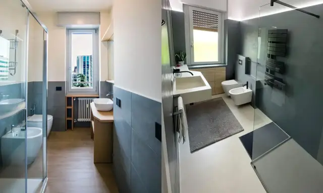 Bagno rettangolare con finestra in fondo, doccia in vetro, lavabo e bidet.