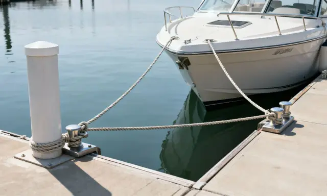 Bateau blanc amarré à un quai avec des cordages et des taquets.