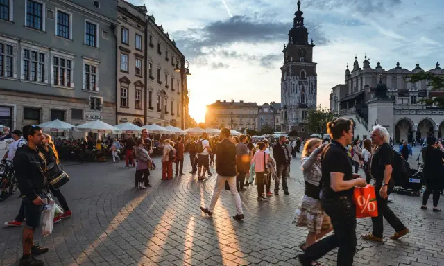 Tłum ludzi spaceruje po Rynku Głównym w Krakowie o zachodzie słońca. Widać Sukiennice i wieżę Ratuszową. Czy jest krakow safe? Tak, to tętniące życiem, bezpieczne miasto.