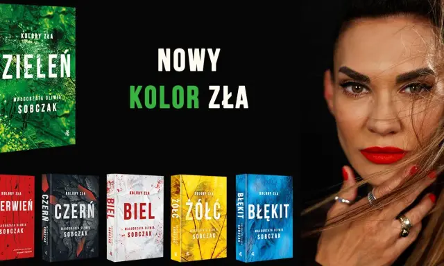 Nowy kolor zła: "Zieleń" obok innych okładek książek z serii "Kolory zła" i twarzy kobiety.