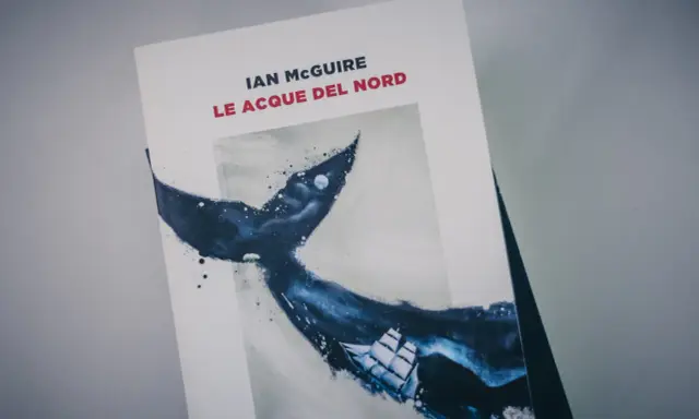 Copertina del libro "Le acque del nord" di Ian McGuire, con un veliero che naviga tra le onde scure e la coda di una balena.