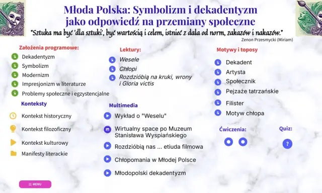 Grafika z maską teatralną, pędzlem i liśćmi, obok tekstu o Młodej Polsce.