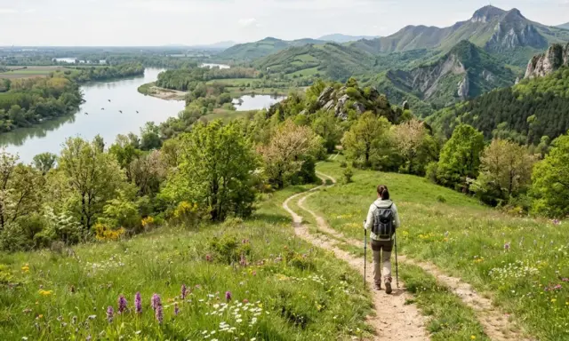 Donna con zaino e bastoncini da trekking su sentiero fiorito, godendosi le escursioni in Emilia Romagna con vista su fiume e montagne.