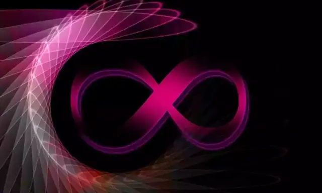Un chiffre 8 rose vif, stylisé comme un ruban, se détache sur un fond noir, entouré d'un motif lumineux en spirale.