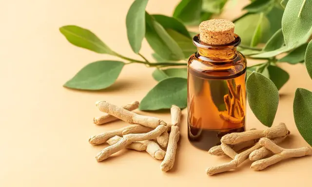 Flacon d'huile ambrée à côté de racines séchées d'ashwagandha, évoquant ses bienfaits naturels pour le bien-être.