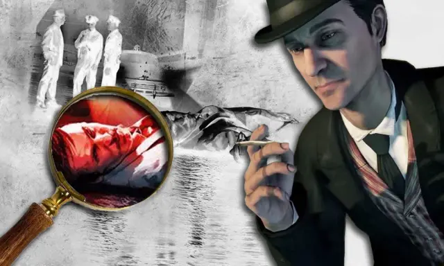 Sherlock Holmes gra. Detektyw z papierosem w dłoni analizuje dowody z miejsca zbrodni pod lupą.