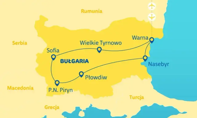 Mapa turystyczna Bułgarii z zaznaczoną trasą przez Sofię, Płowdiw, Wielkie Tyrnowo, Warnę i Nesebyr. Widoczne wybrzeże Bułgarii.