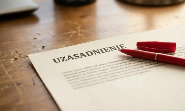 Czerwony długopis leży obok dokumentu z nagłówkiem "UZASADNIENIE". Może to być kluczowy dokument, który wymaga przemyślenia przed złożeniem wypowiedzenia.