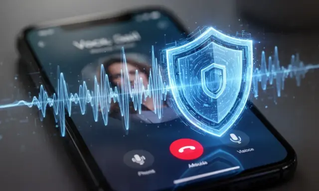 Ein Smartphone zeigt einen Anruf mit einem digitalen Schild, das Sicherheit symbolisiert. Wellenformen deuten auf Stimmen hin, was die Gefahr von Vishing verdeutlicht.