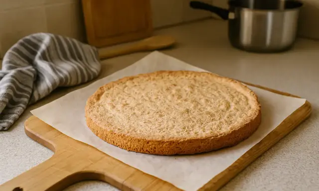 Une dacquoise amande dorée, prête pour une délicieuse recette. Sur une planche en bois, avec une serviette à rayures et une casserole en arrière-plan.