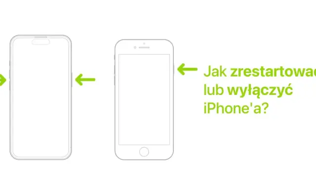 Ilustracja pokazuje dwa telefony iPhone i strzałki wskazujące przyciski boczne. Tekst obok pyta: "Jak zrestartować lub wyłączyć iPhone'a?".