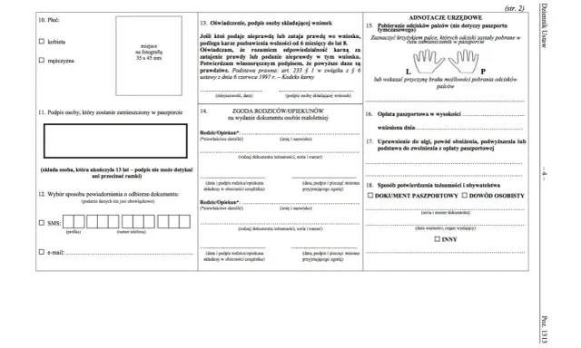 Formularz wniosku o dowód osobisty, zawiera sekcje dotyczące danych osobowych, zgody rodziców na wydanie dokumentu osobie małoletniej oraz adnotacje urzędowe.