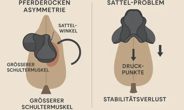 Pferderücken-Asymmetrie mit Sattelzwang: Ungleichmäßige Schultermuskeln und Sattelwinkel führen zu Druckpunkten und Instabilität.