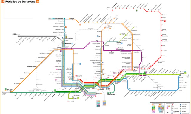 Mapa turystyczna Barcelony z liniami kolejowymi Rodalies. Zobacz, jak łatwo zaplanować podróż po mieście i okolicach.
