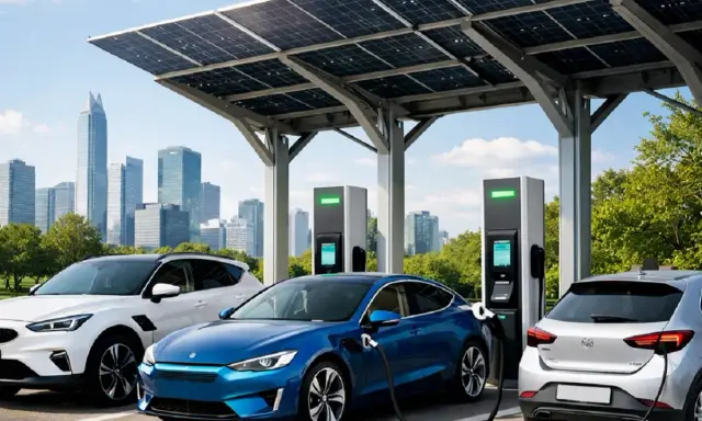 Stazione di ricarica per auto elettriche in Italia, con pannelli solari e auto moderne in carica.