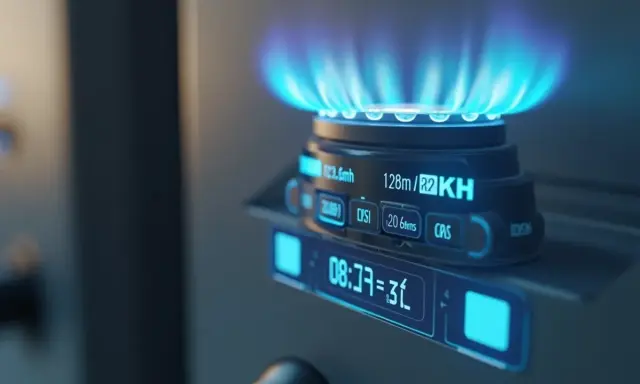 Cyfrowy panel kuchenki gazowej pokazuje zużycie energii w watach na kilowatogodziny, z płomieniem palnika w tle.