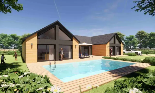 Maison moderne avec piscine et jardin, un exemple d'habitat bioclimatique.