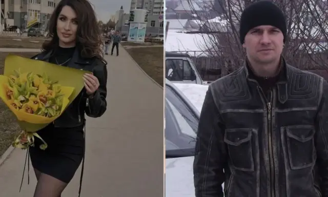Kobieta z bukietem kwiatów i mężczyzna w czapce i kurtce. Mąż wziął kredyt bez zgody żony i zmarł, pozostawiając ją z długami.