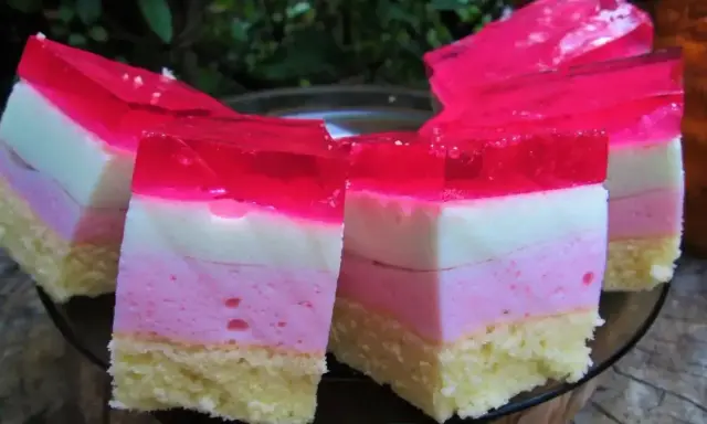 Puszyste ptasie mleczko z jogurtu i galaretki, warstwowe ciasto w kolorach lata.