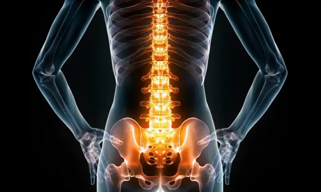 Anatomia kręgosłupa z podświetlonym odcinkiem lędźwiowym, sugerującym wzmocnienie mięśni kręgosłupa lędźwiowego.